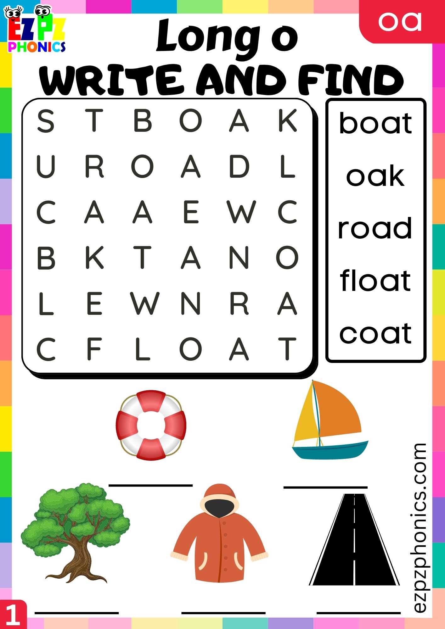 Group1 OA Words Write And Find Long O Phonics Worksheet